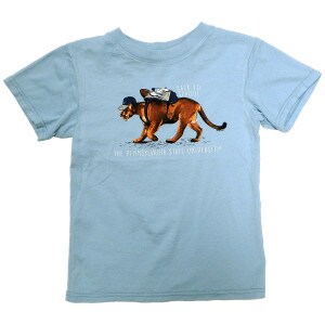 Carolina Blue youth short sleeve t-shirt with The Pennsylvania State University Back to School, Nittany lion wearing backpack and hat
